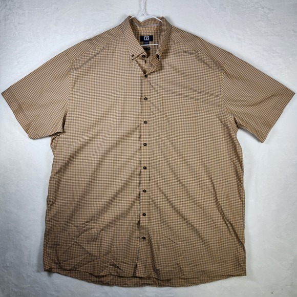 Cutter & Buck 3XLT Tan Gingham Check Button Down Short Sleeve Wrinkle Free Shirt - Picture 1 of 9